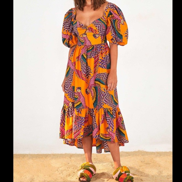 Like New Farm Rio puff sleeve beaded macaws midi dress xsmall - Picture 2 of 11